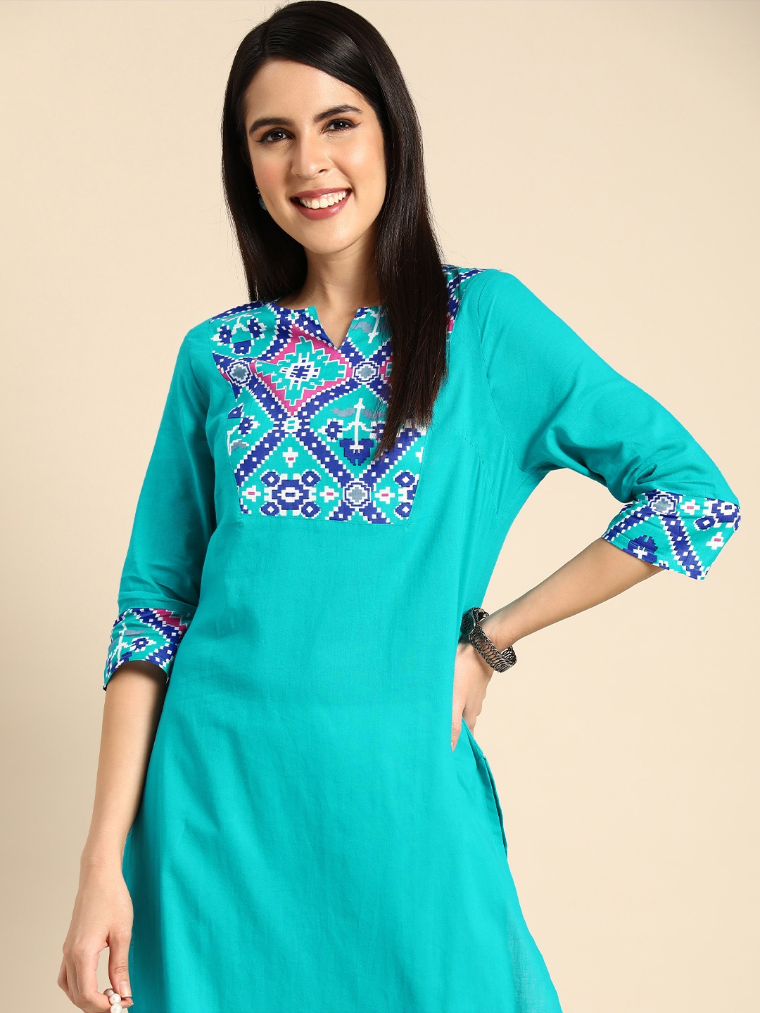 Anouk Women Geometric Yoke Design Round Neck Pure Cotton Straight Kurta, Turquoise blue
Anouk Women Geometric Yoke Design Round Neck Pure Cotton Straight Kurta, Turquoise blue