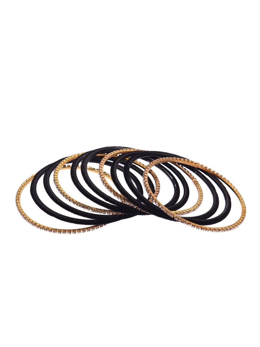 Efulgenz 20 Pieces Black & Gold Toned Studded Velvet Bangle Set