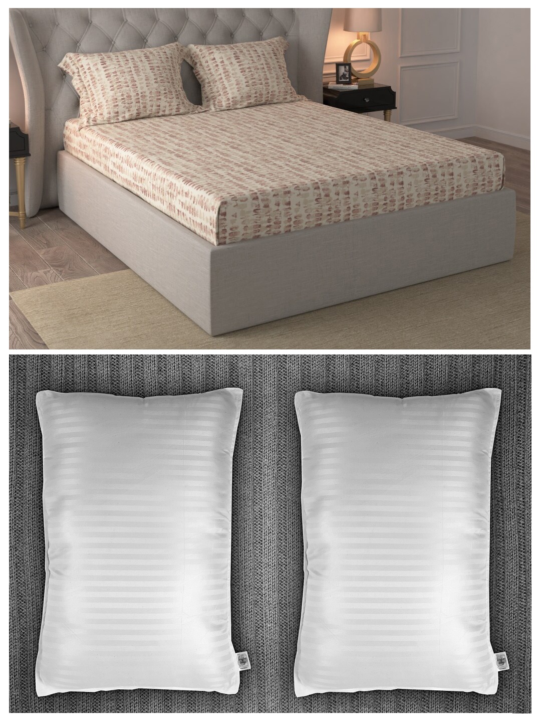 Trident Set of 144 TC Cotton 1 Queen Bedsheet with 2 Pillow Covers & 2 Striped Pillows, Beige
Trident Set of 144 TC Cotton 1 Queen Bedsheet with 2 Pillow Covers & 2 Striped Pillows, Beige