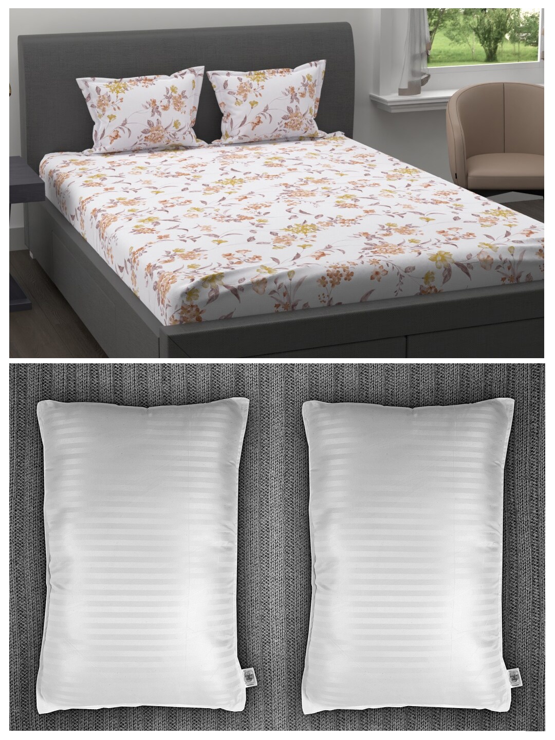 Trident Set of 200 TC Cotton 1 King Bedsheet with 2 Pillow Covers & 2 Striped Pillows, White
Trident Set of 200 TC Cotton 1 King Bedsheet with 2 Pillow Covers & 2 Striped Pillows, White