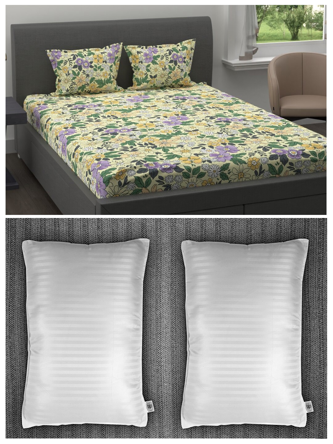 Trident Set of 200 TC 1 King Bedsheet with 2 Pillow Covers & 2 Striped Pillows, Yellow
Trident Set of 200 TC 1 King Bedsheet with 2 Pillow Covers & 2 Striped Pillows, Yellow