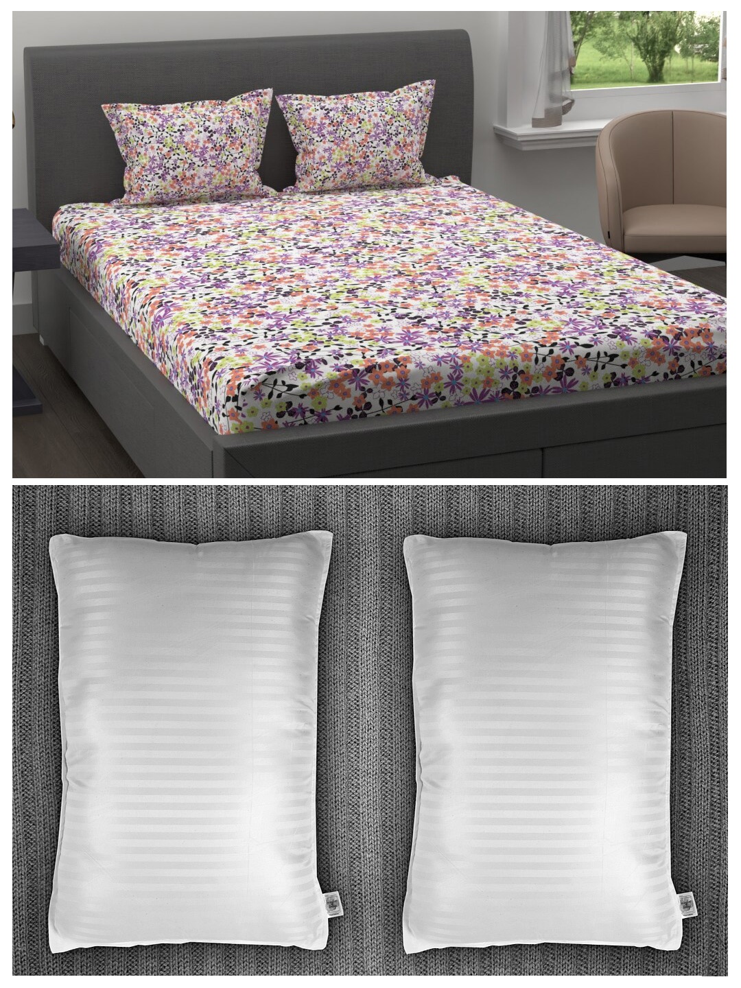 Trident Set of 200 TC 1 King Bedsheet with 2 Pillow Covers & 2 Striped Pillows, Multi
Trident Set of 200 TC 1 King Bedsheet with 2 Pillow Covers & 2 Striped Pillows, Multi