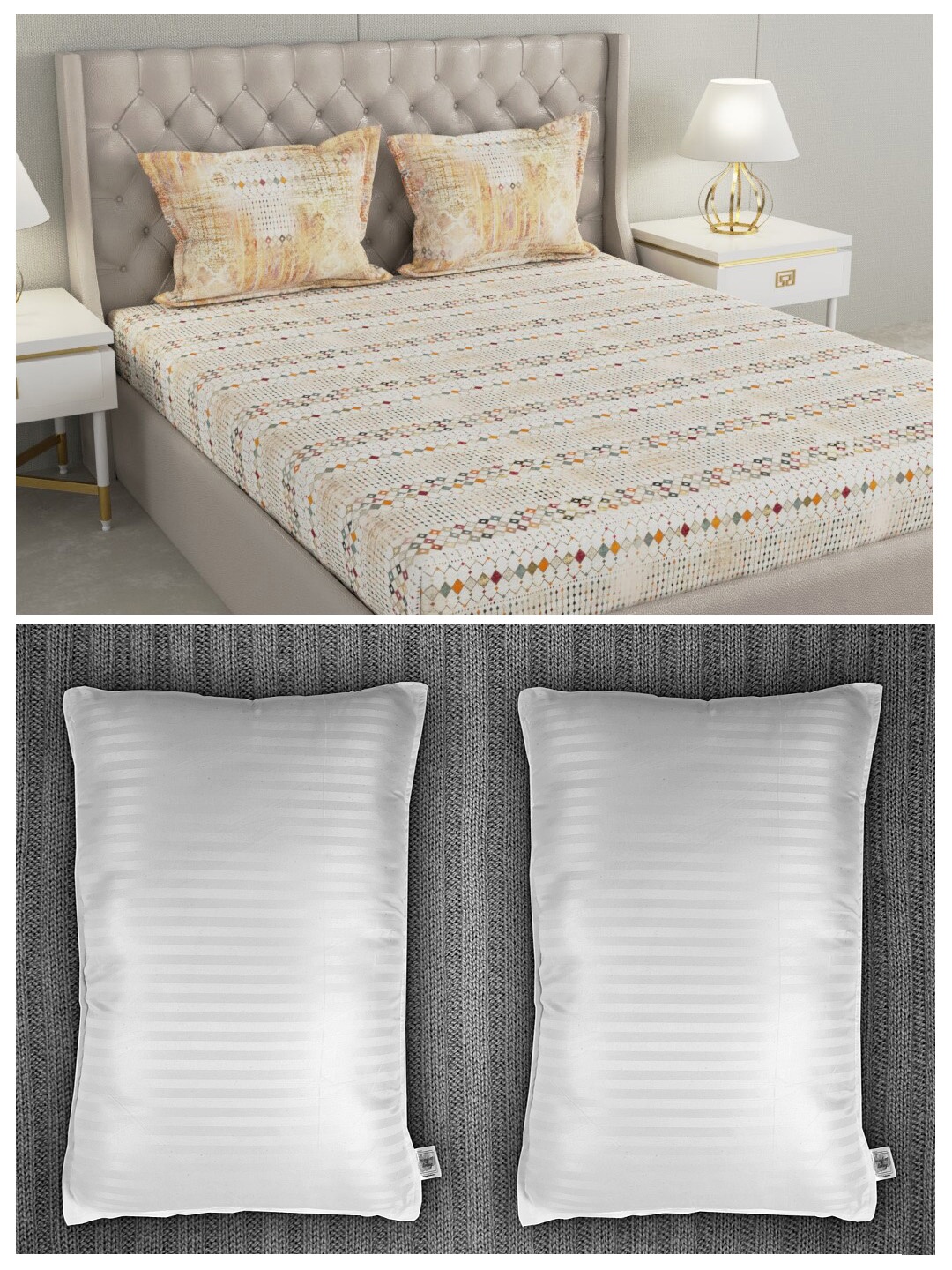 Trident Set of 210 TC 1 King Bedsheet with 2 Pillow Covers & 2 Striped Pillows, Cream
Trident Set of 210 TC 1 King Bedsheet with 2 Pillow Covers & 2 Striped Pillows, Cream