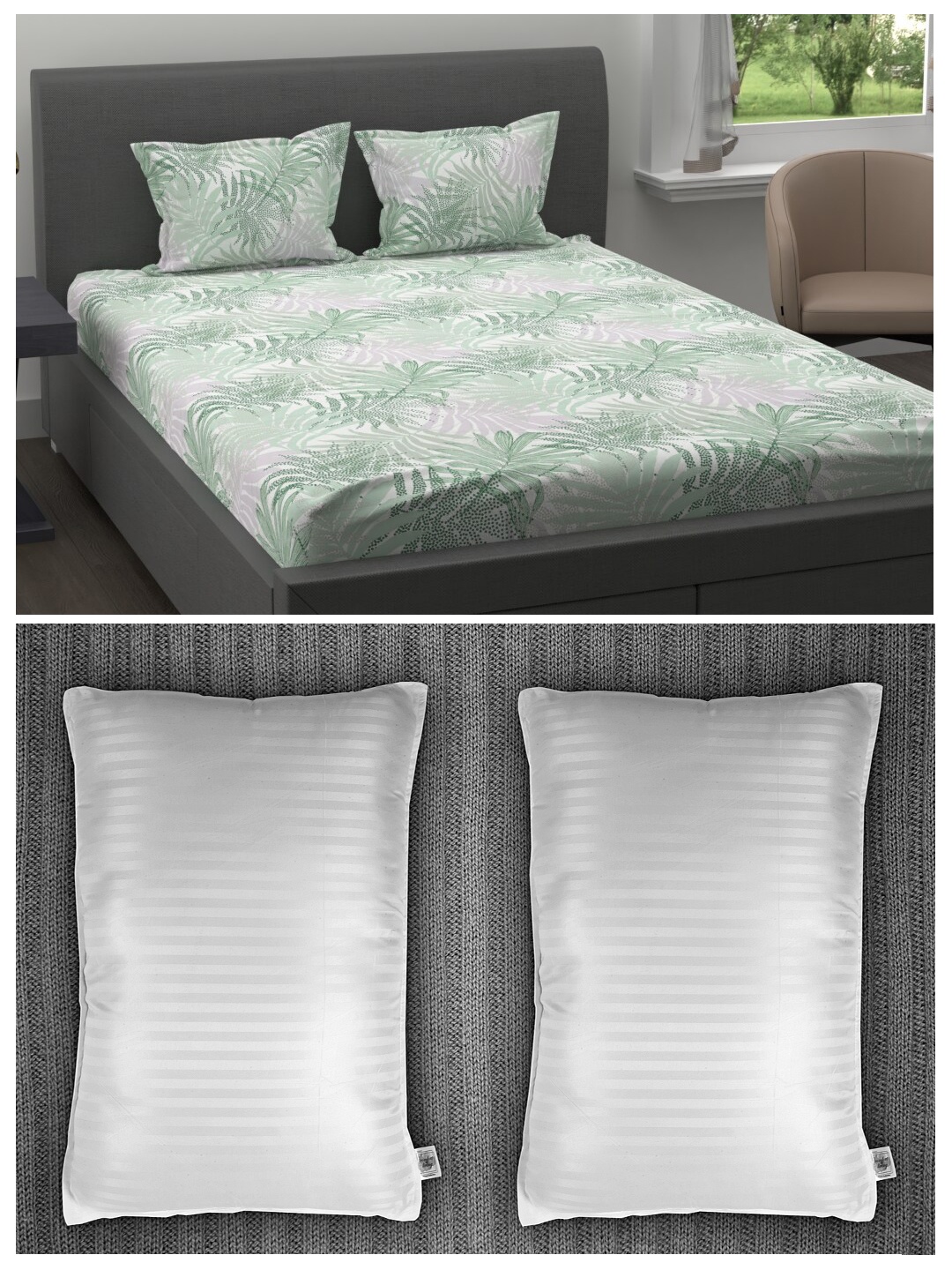 MYTRIDENT Set of 200 TC Cotton 1 King Bedsheet with 2 Pillow Covers 2 Striped Pillows, Green
MYTRIDENT Set of 200 TC Cotton 1 King Bedsheet with 2 Pillow Covers 2 Striped Pillows, Green