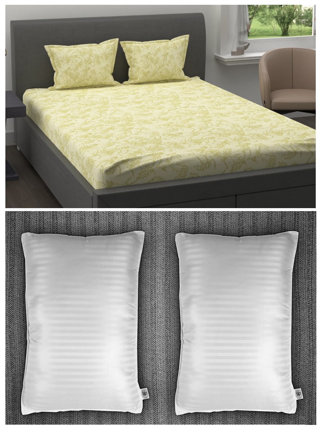 Trident Set of 200 TC Cotton 1 King Bedsheet with 2 Pillow Covers & 2 Striped Pillows, Yellow
Trident Set of 200 TC Cotton 1 King Bedsheet with 2 Pillow Covers & 2 Striped Pillows, Yellow