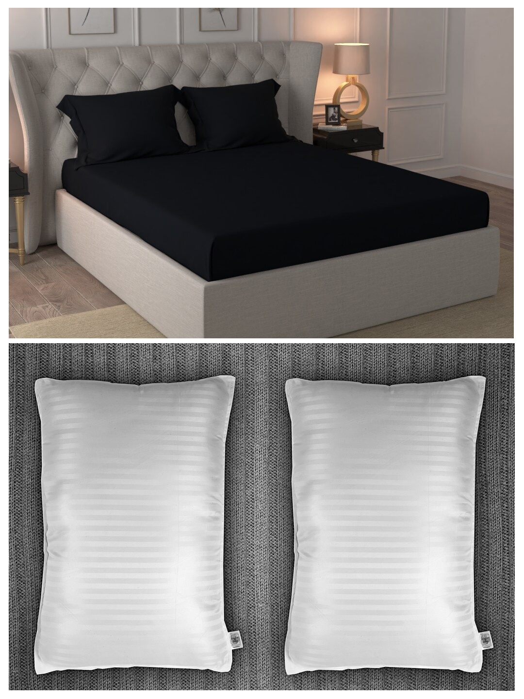 Trident Set of 300 TC 1 King Bedsheet with 2 Pillow Covers & 2 Striped Pillows, Black
Trident Set of 300 TC 1 King Bedsheet with 2 Pillow Covers & 2 Striped Pillows, Black