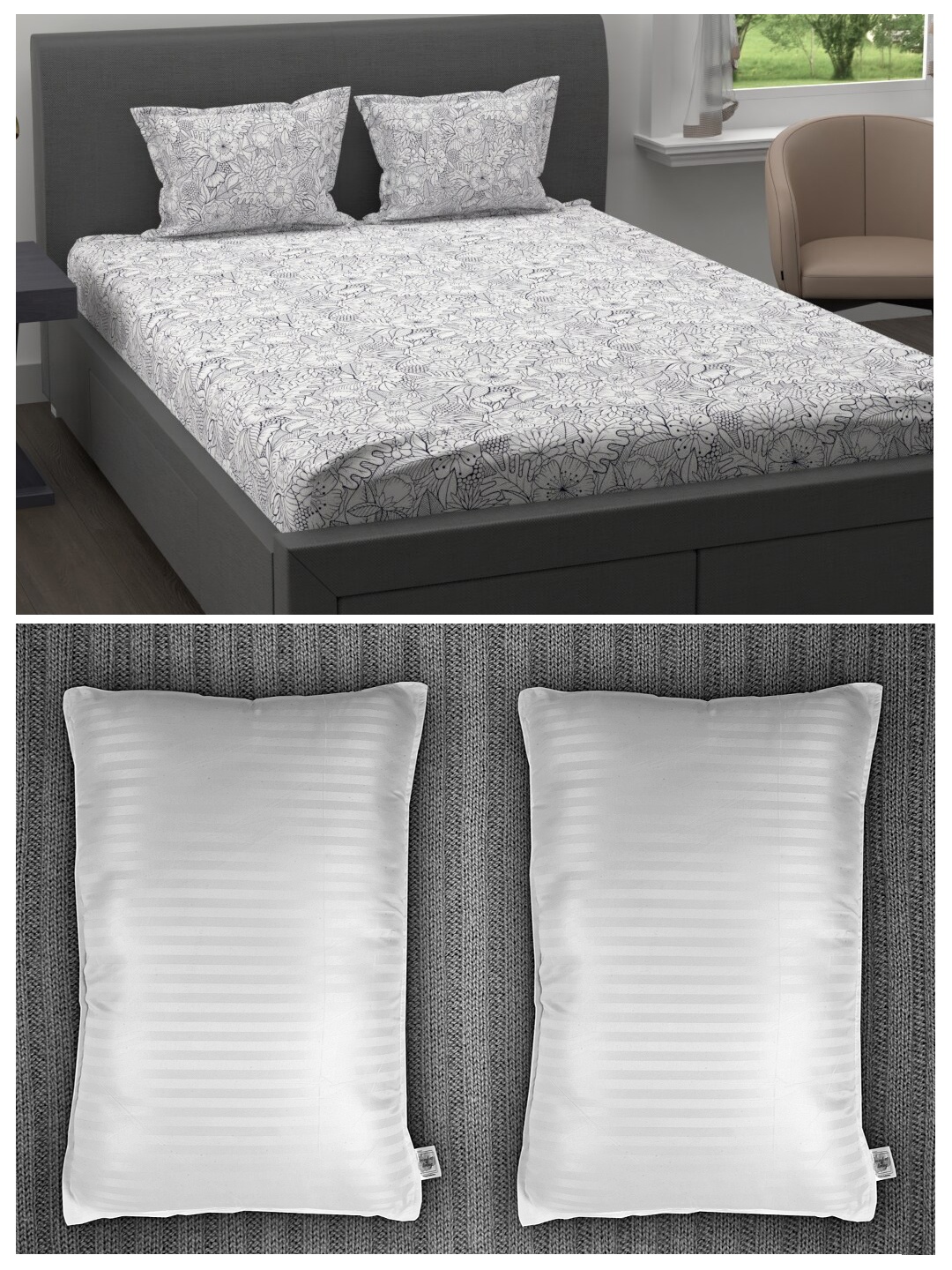 Trident Set of 200 TC Cotton 1 King Bedsheet with 2 Pillow Covers & 2 Striped Pillows, White
Trident Set of 200 TC Cotton 1 King Bedsheet with 2 Pillow Covers & 2 Striped Pillows, White