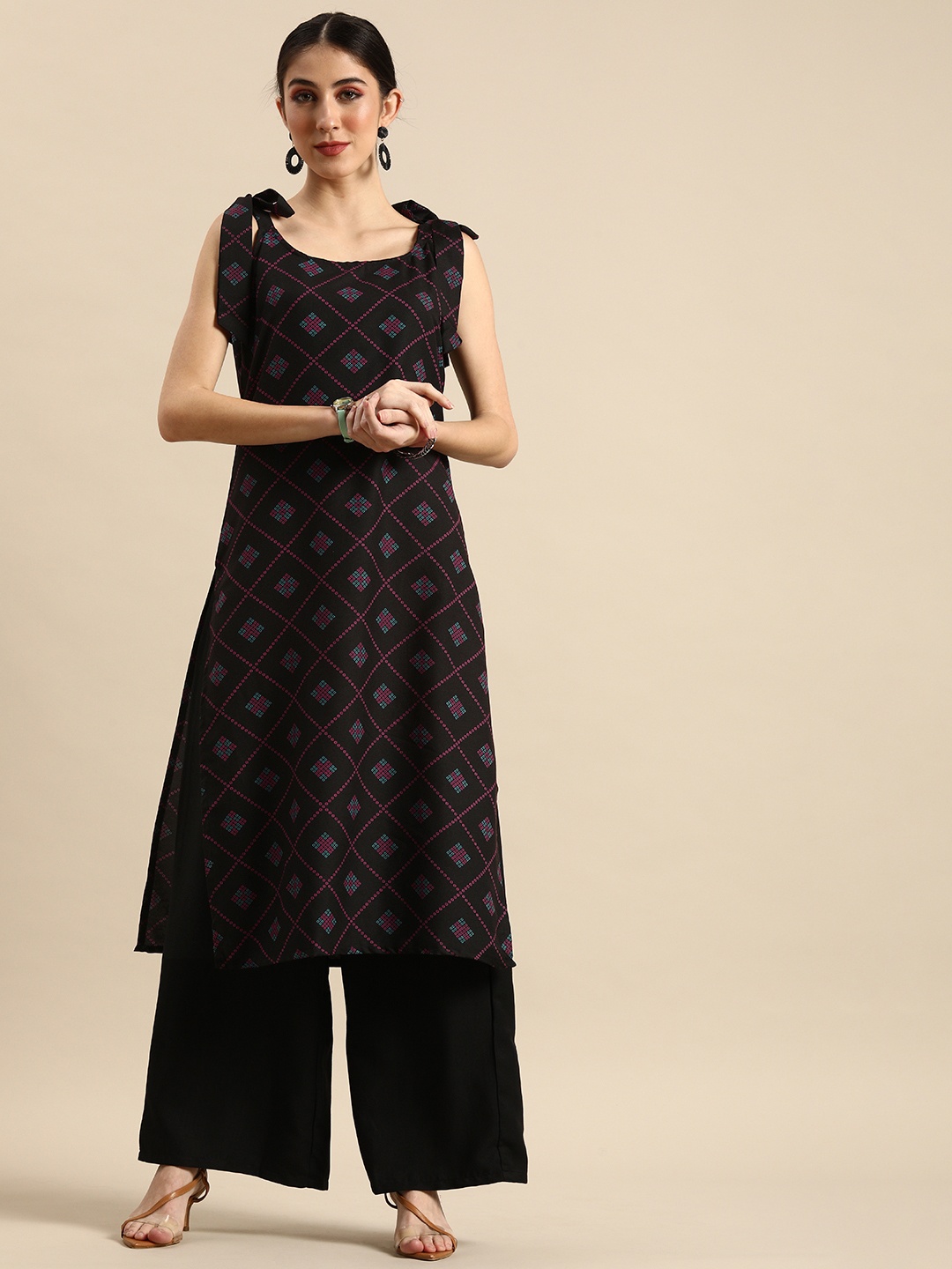 Anouk Women Black Geometric Printed Tie-Up Sleeves Calf-Length Kurta with Palazzos
Anouk Women Black Geometric Printed Tie-Up Sleeves Calf-Length Kurta with Palazzos