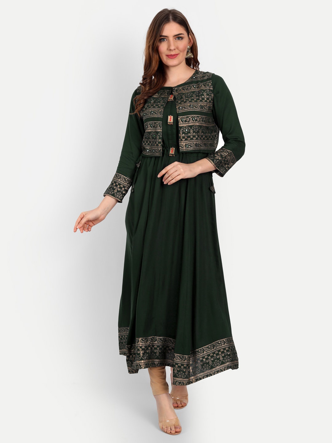 Happy Design Women Green & Gold-Toned Printed Mirror Work Anarkali Kurta with jacket
Happy Design Women Green & Gold-Toned Printed Mirror Work Anarkali Kurta with jacket