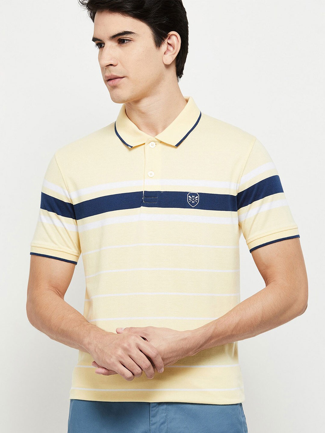 max Men Yellow Striped Polo Collar T-shirt