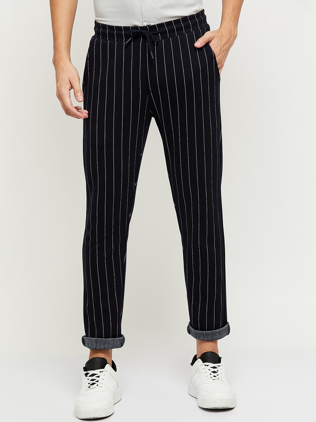 max Men Blue Striped Trousers