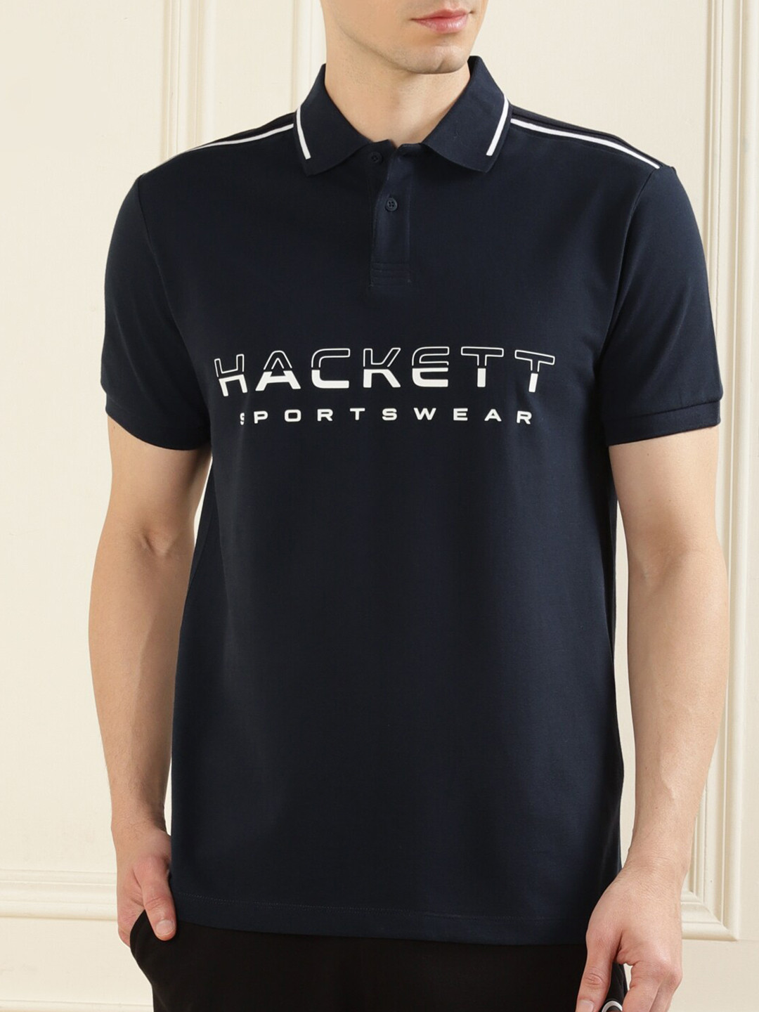 HACKETT LONDON Men Navy Blue Typography Polo Collar T-shirt 
HACKETT LONDON Men Navy Blue Typography Polo Collar T-shirt