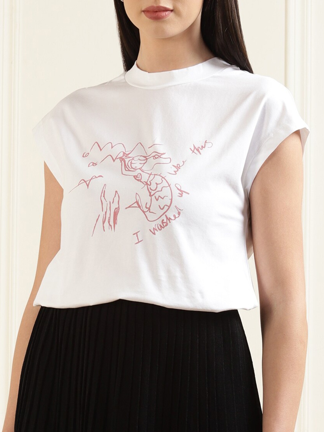 Ted Baker Women Cream-Coloured Typography Printed V-Neck T-shirt
