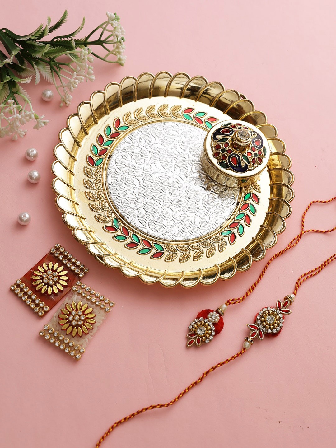 Aapno Rajasthan Golden & Silver-Toned Bhaiya Bhabhi Rakhi Set With Pooja Thali & Box, Gold
Aapno Rajasthan Golden & Silver-Toned Bhaiya Bhabhi Rakhi Set With Pooja Thali & Box, Gold