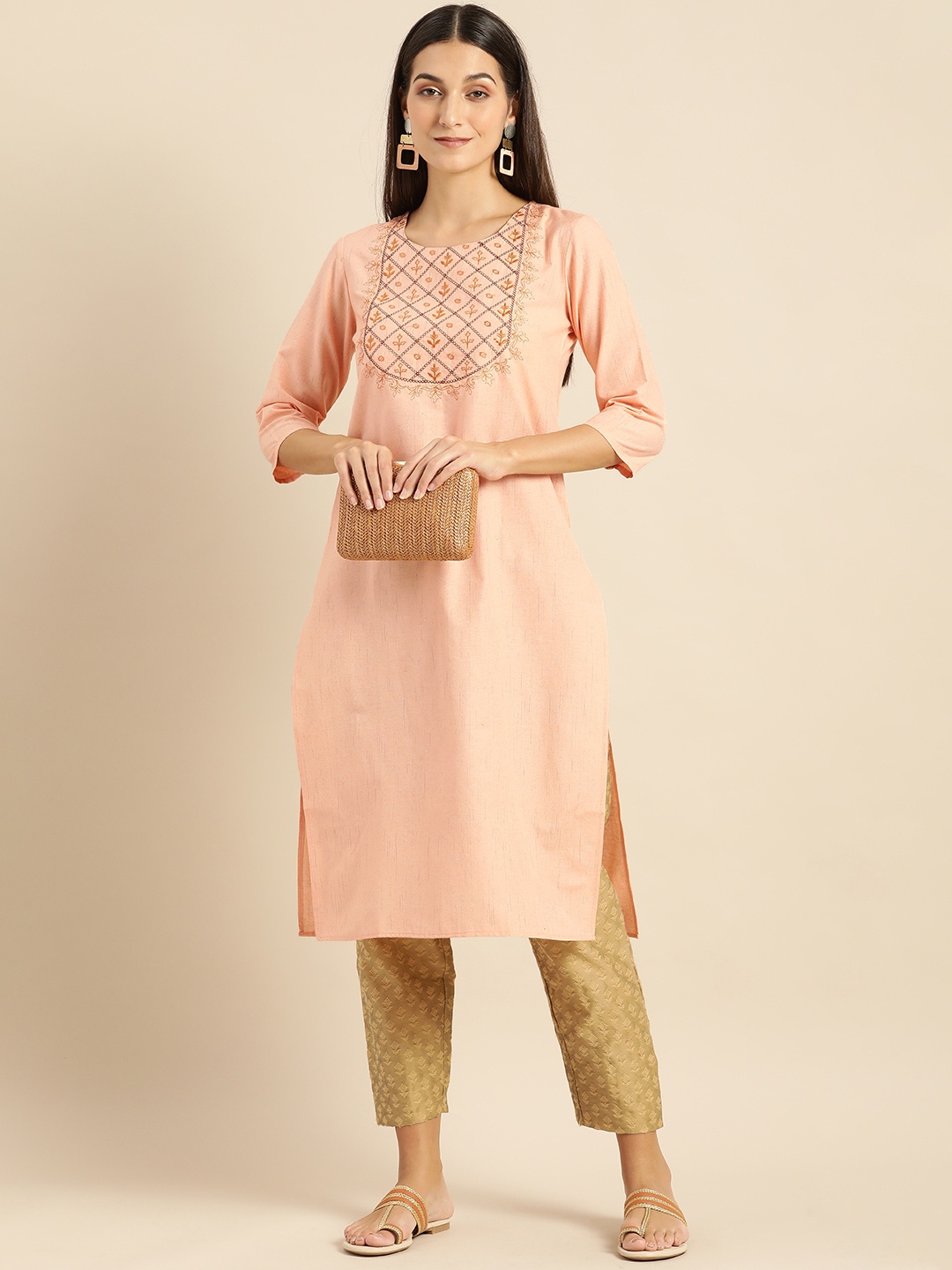 Anouk Women Peach-Coloured Embroidered Straight Kurta