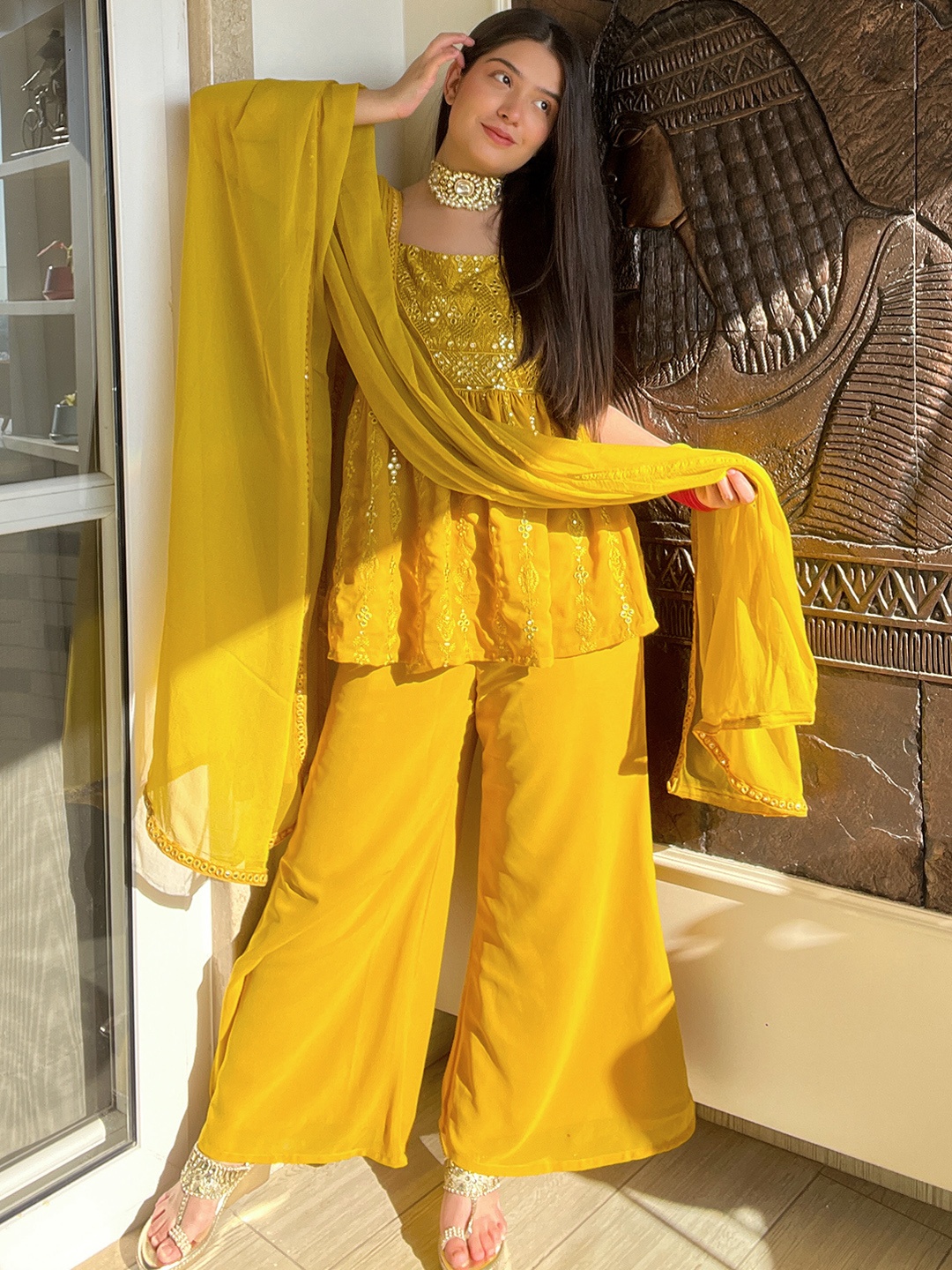 Libas Women Mustard Yellow Floral Embroidered Empire Mirror Work Kurti with Palazzos & With Dupatta
Libas Women Mustard Yellow Floral Embroidered Empire Mirror Work Kurti with Palazzos & With Dupatta