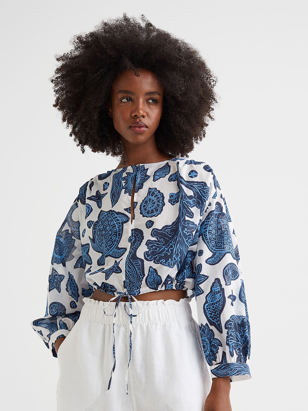 H&M Women Blue Short Cotton Blouse