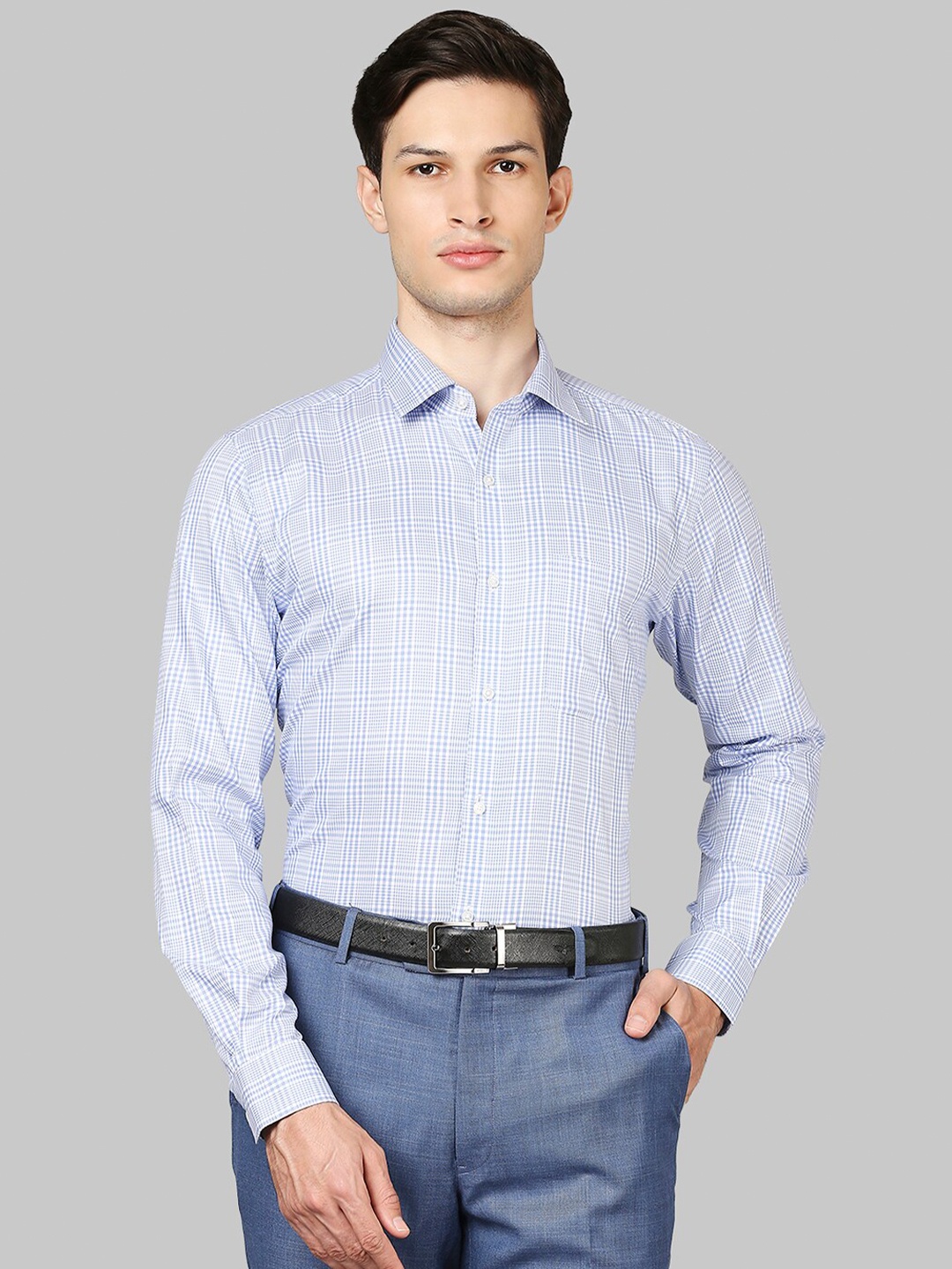 Raymond Men Blue Checked Cotton Formal Shirts