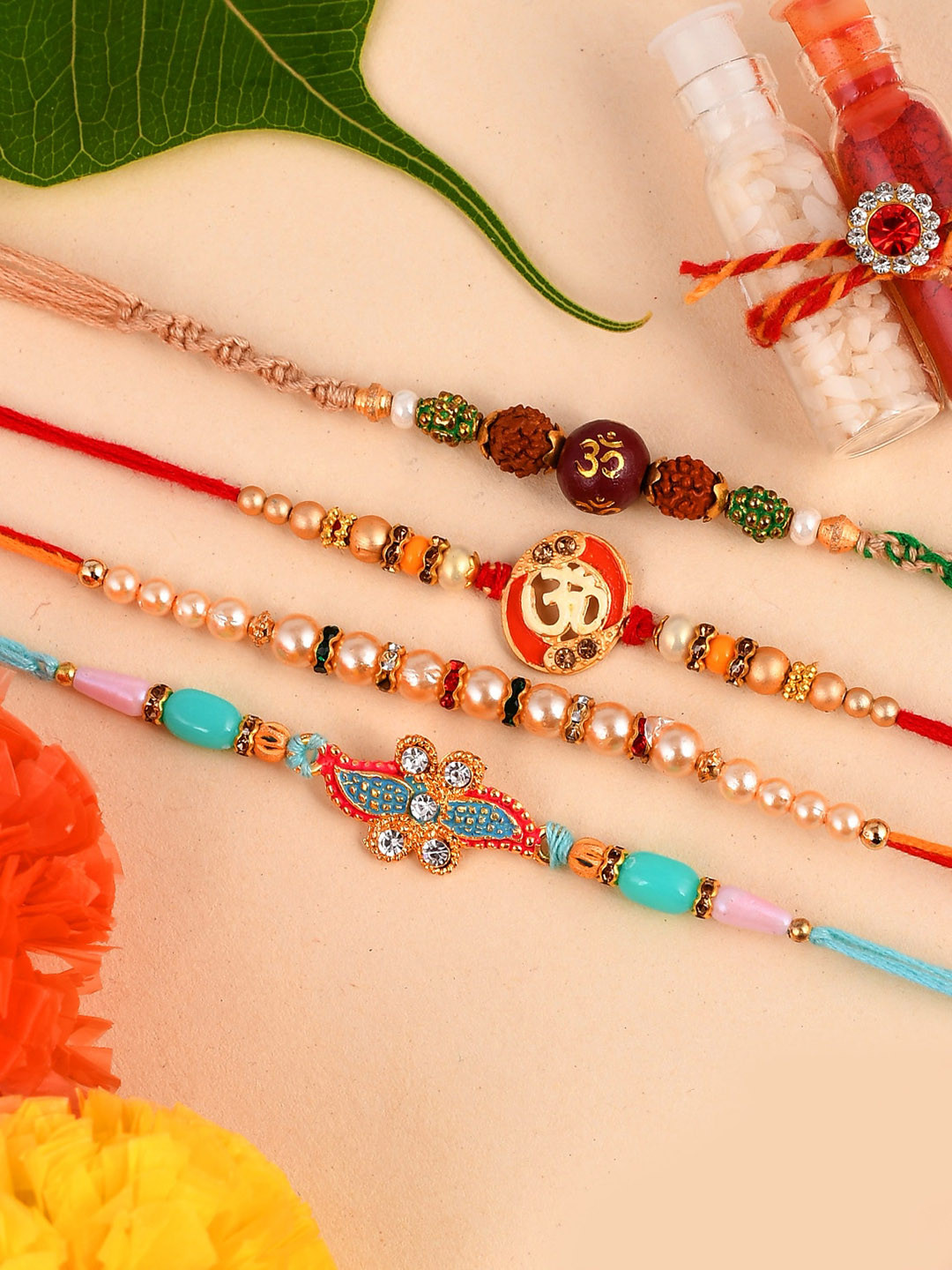 Shoshaa Set Of 4 Multicolored Thread Om Shaped Rudraksha Beaded Combo Bhai Rakhi, Multi
Shoshaa Set Of 4 Multicolored Thread Om Shaped Rudraksha Beaded Combo Bhai Rakhi, Multi