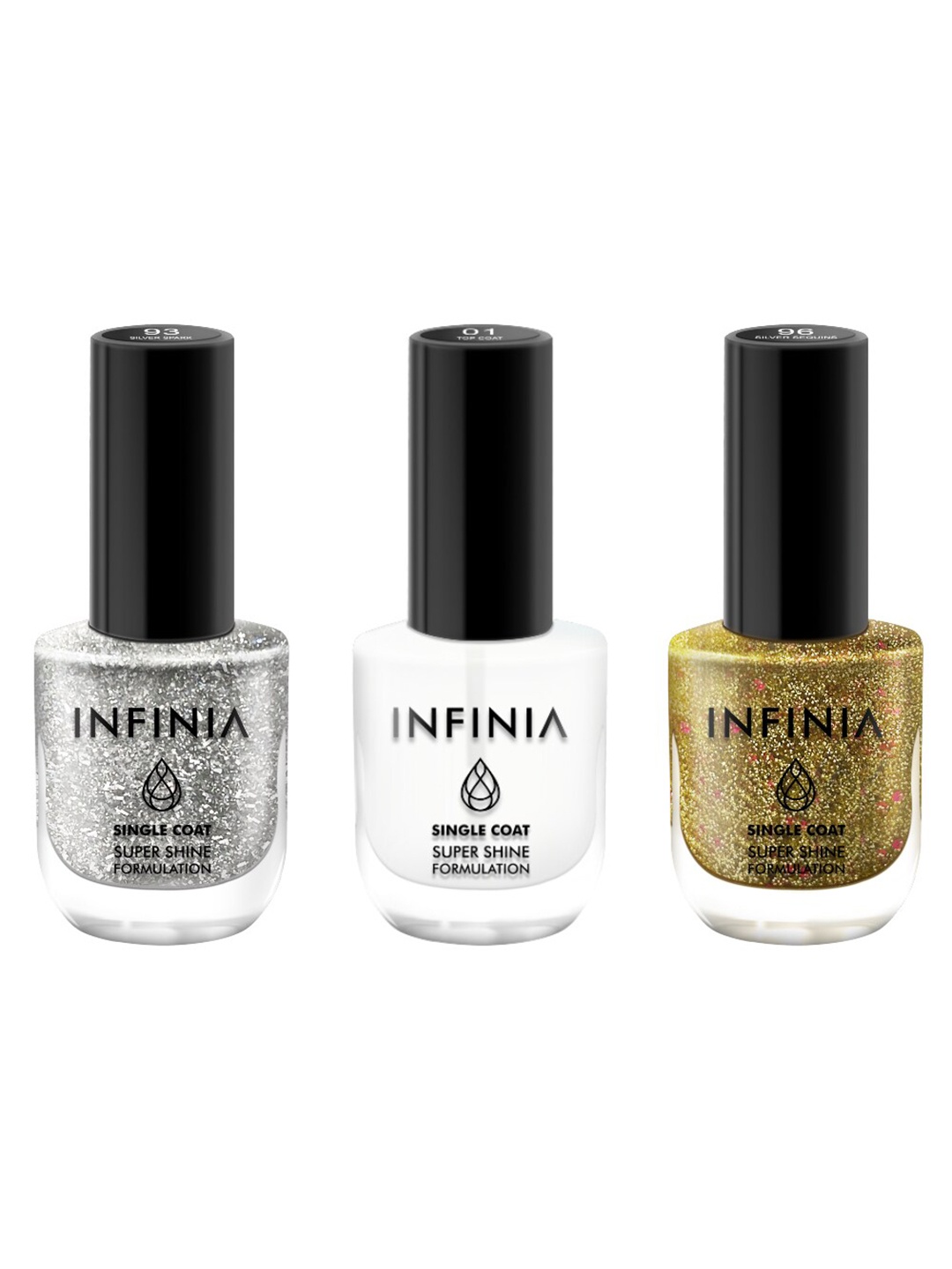 INFINIA Set of 3 Vegan Nail Paints - Top Coat 001 + Silver Spark 093 + Silver Sequins 096, Gold
INFINIA Set of 3 Vegan Nail Paints - Top Coat 001 + Silver Spark 093 + Silver Sequins 096, Gold