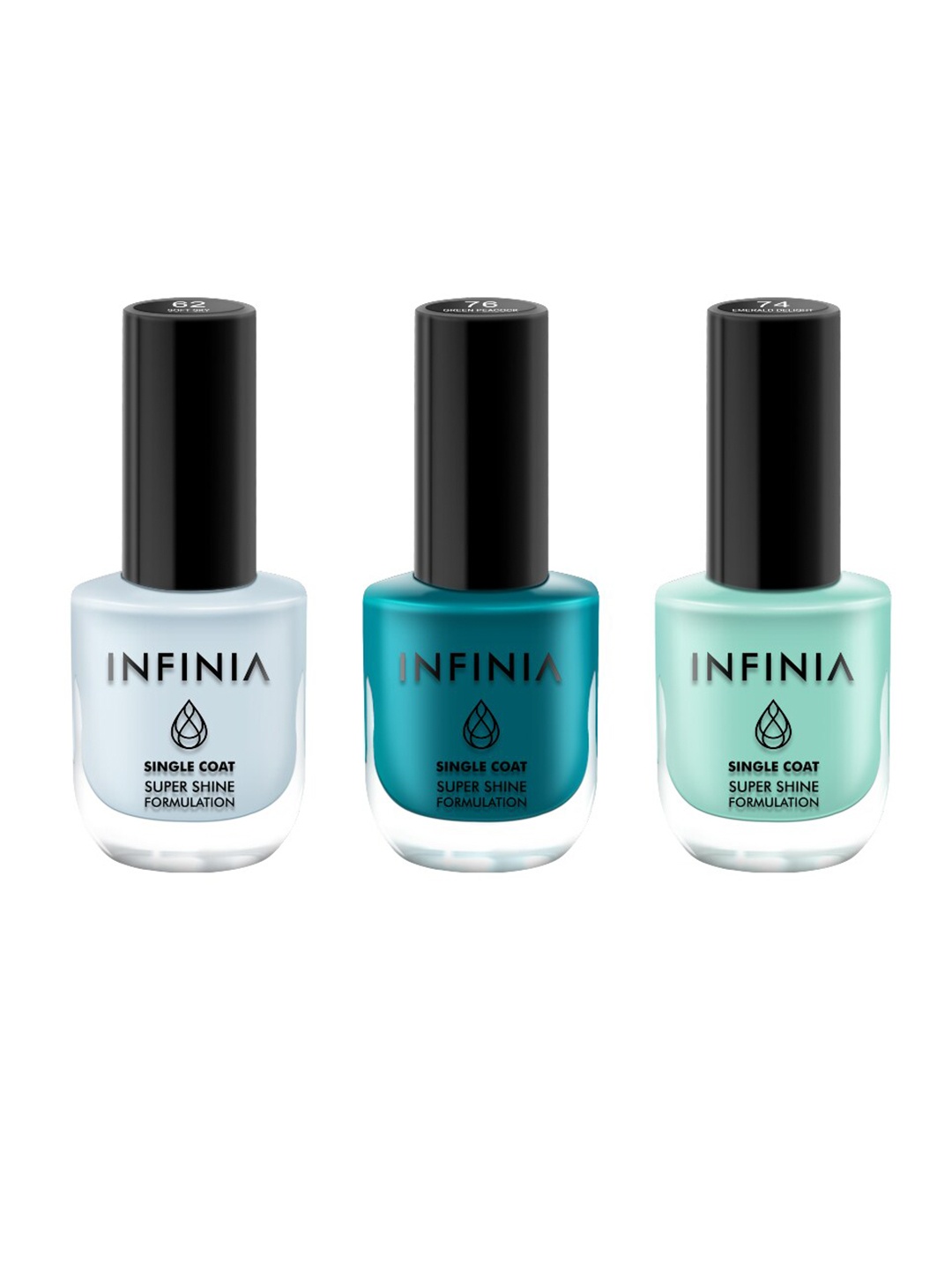 INFINIA Set of 3 Vegan Nail Paints- Soft Sky 062 + Emerald Delight 074 + Green Peacock 076, Blue
INFINIA Set of 3 Vegan Nail Paints- Soft Sky 062 + Emerald Delight 074 + Green Peacock 076, Blue