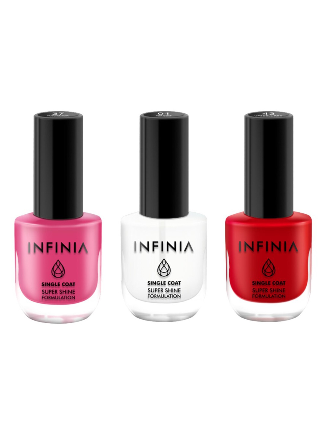 INFINIA Set of 3 Single Coat Super Shine Formulation Nail Polishes - Shade 001 + 037 + 047, Pink
INFINIA Set of 3 Single Coat Super Shine Formulation Nail Polishes - Shade 001 + 037 + 047, Pink