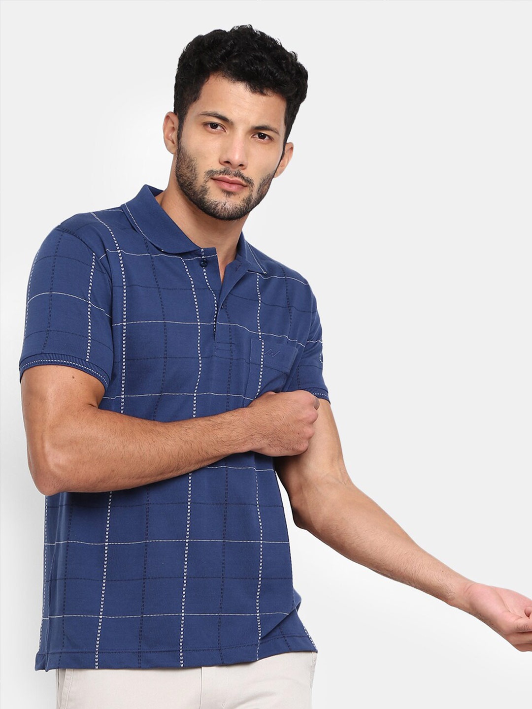 V-Mart Men Blue Checked T-shirt