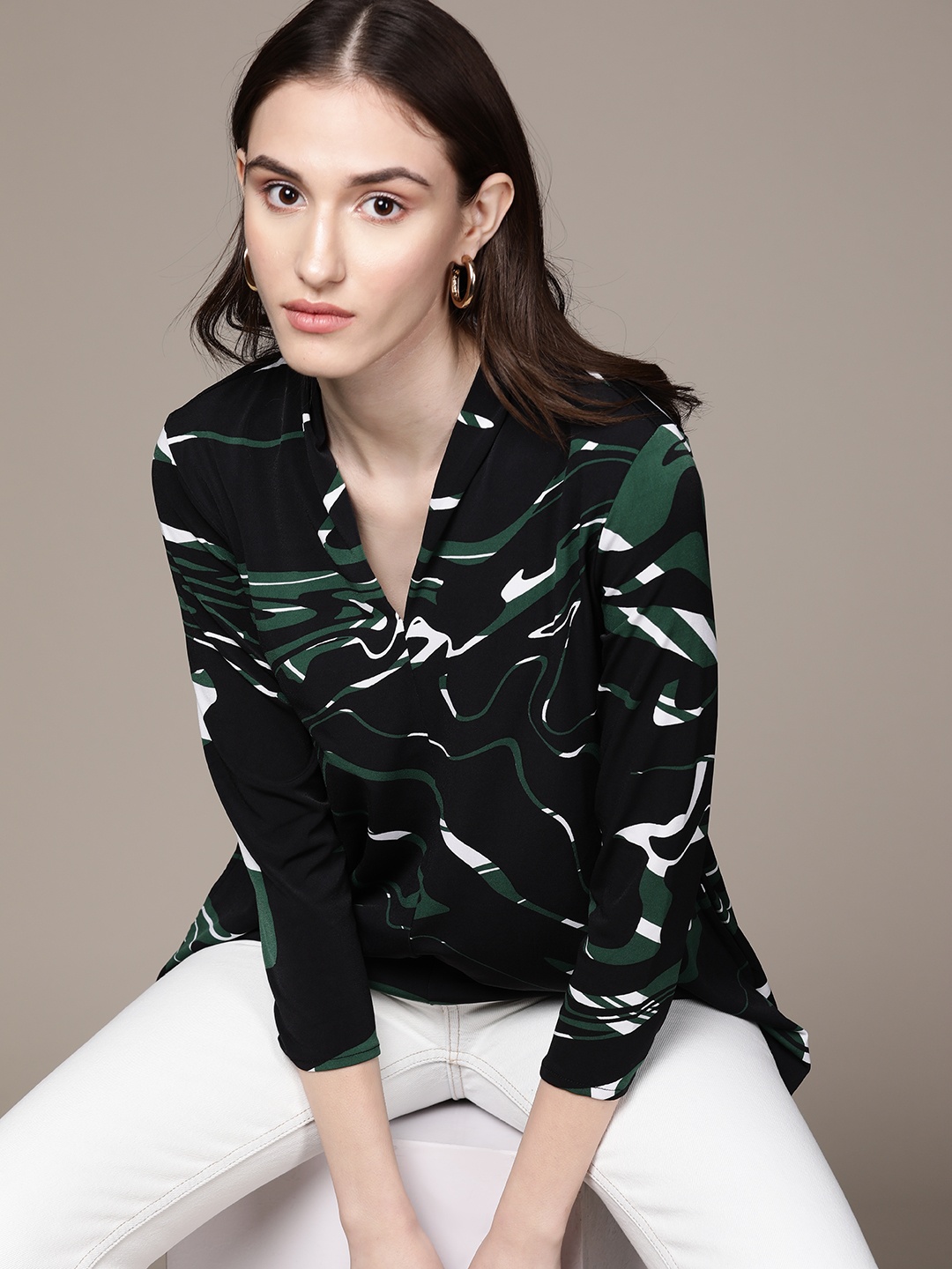 Macy's Alfani Black & Green Print Longline Top