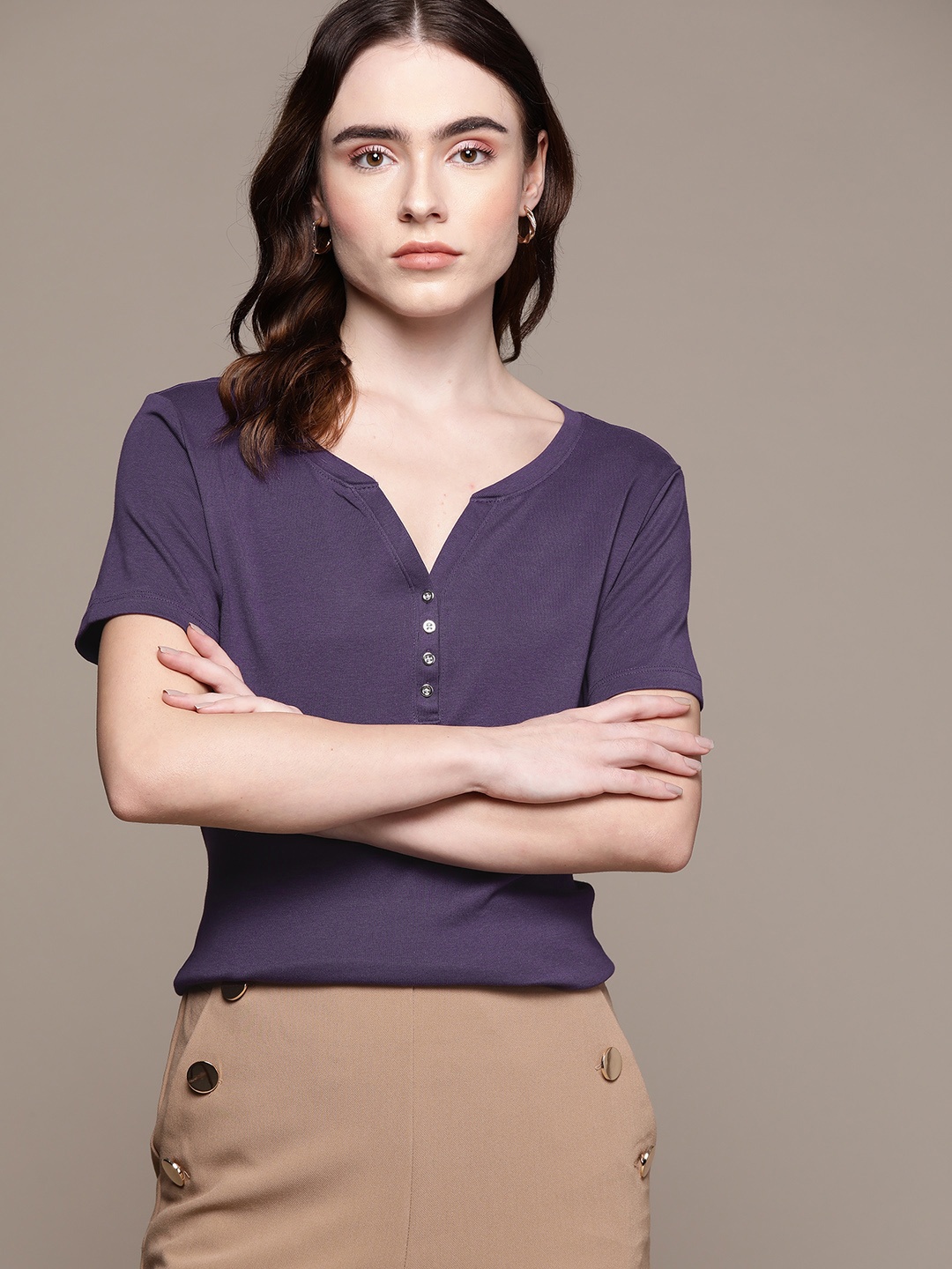 Macy's Karen Scott Women Purple Solid Pure Cotton T-shirt
