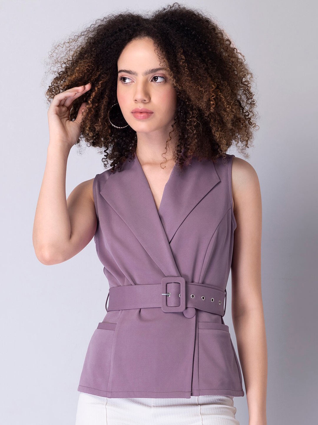 FabAlley Purple V-Neck Sleeveless Solid Wrap Top