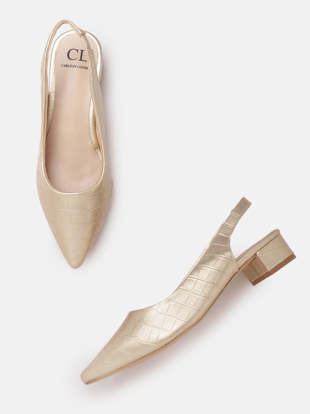 Carlton London Muted Gold-Toned Croc Textured Block Mules