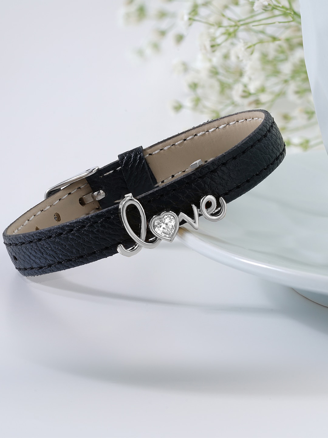 MINUTIAE Women White Gold Plated Crystal Encrusted Love Black Vegan Leather Bracelet, Silver
MINUTIAE Women White Gold Plated Crystal Encrusted Love Black Vegan Leather Bracelet, Silver