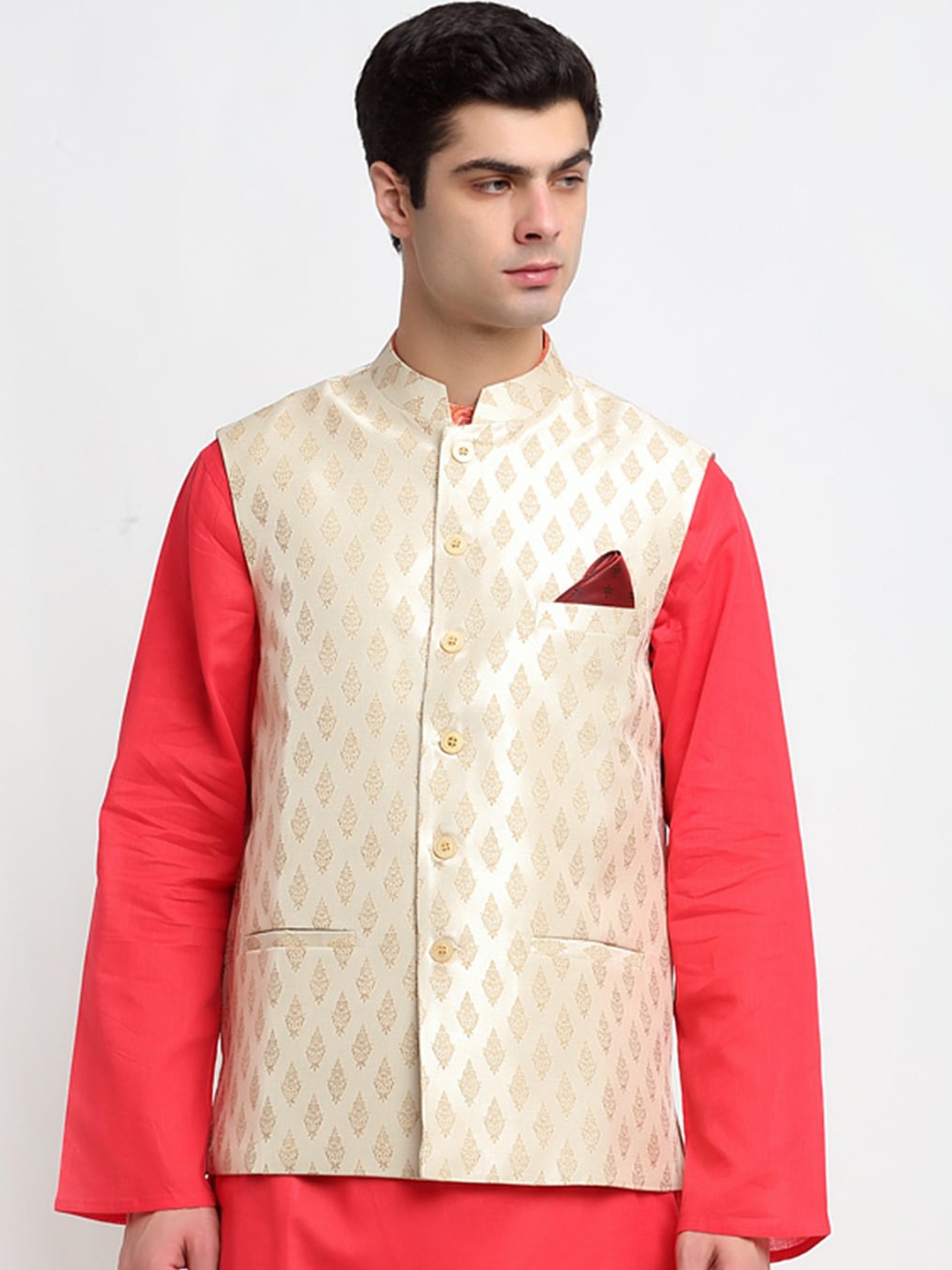 NEUDIS Men Beige Colored Jacquard Woven Dupion Silk Nehru Jackets
