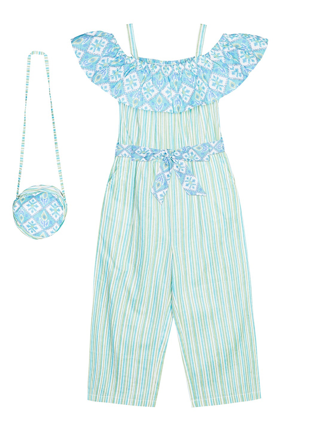 Budding Bees Girls Green & White Printed Basic Jumpsuit