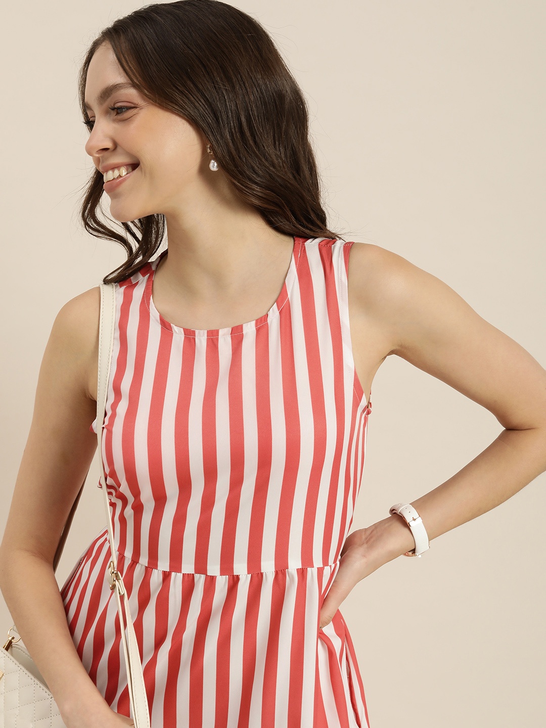 encore by INVICTUS White & Orange Striped A-Line Dress