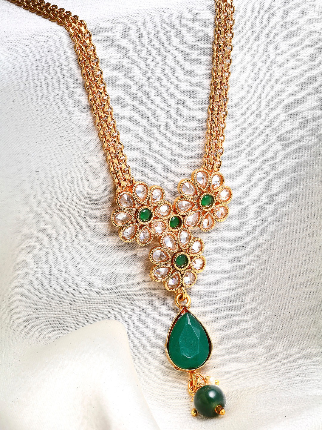 ZENEME Women Gold-Plated White & Green Stone Studded Teardrop Pendant with Chain Set
ZENEME Women Gold-Plated White & Green Stone Studded Teardrop Pendant with Chain Set