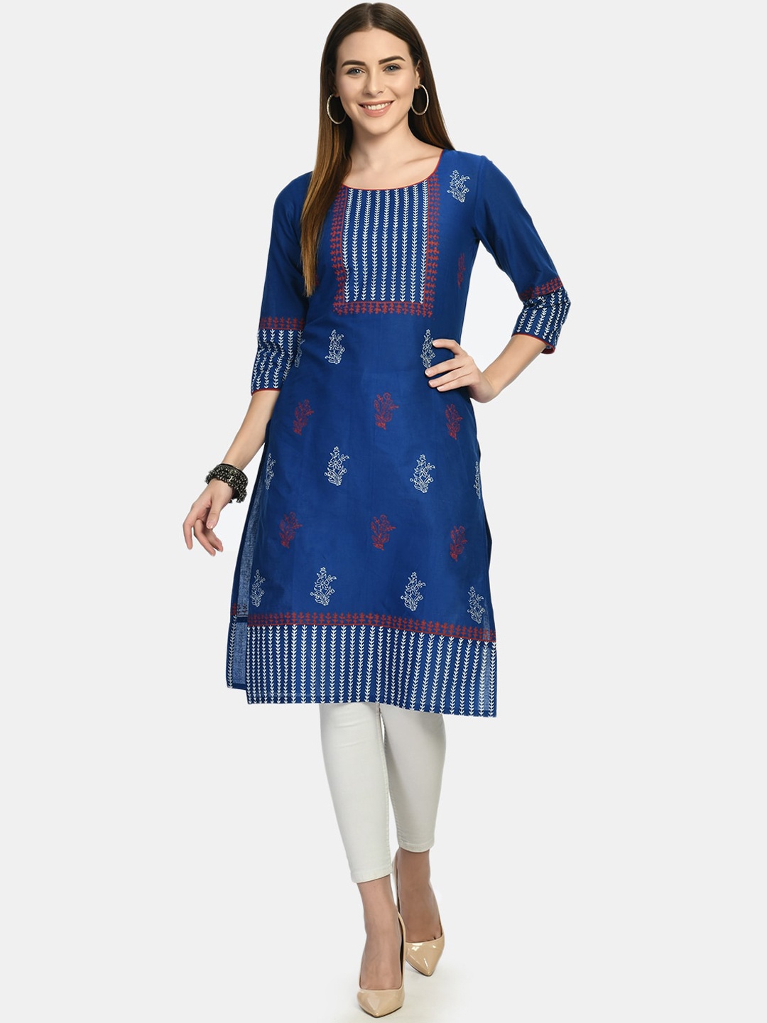 Akshatani Women Blue & White Ethnic Motifs Printed Block Print Kurta