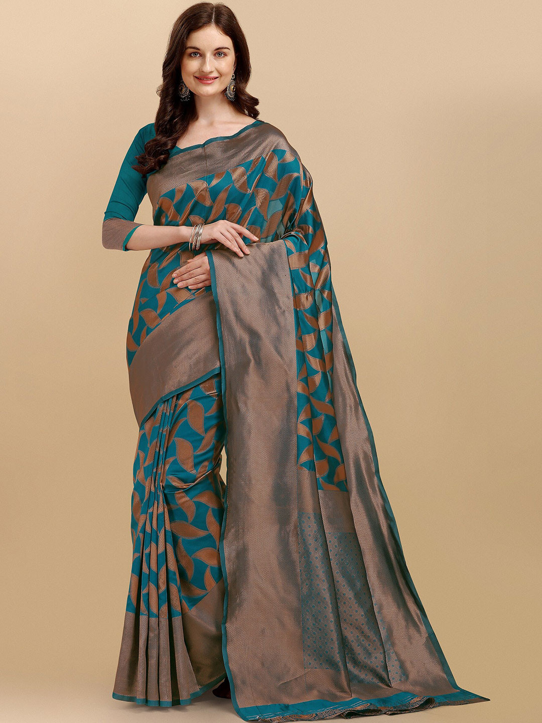 Fashion Booms Copper-Toned & Green Woven Design Zari Pure Silk Kanjeevaram Saree
Fashion Booms Copper-Toned & Green Woven Design Zari Pure Silk Kanjeevaram Saree