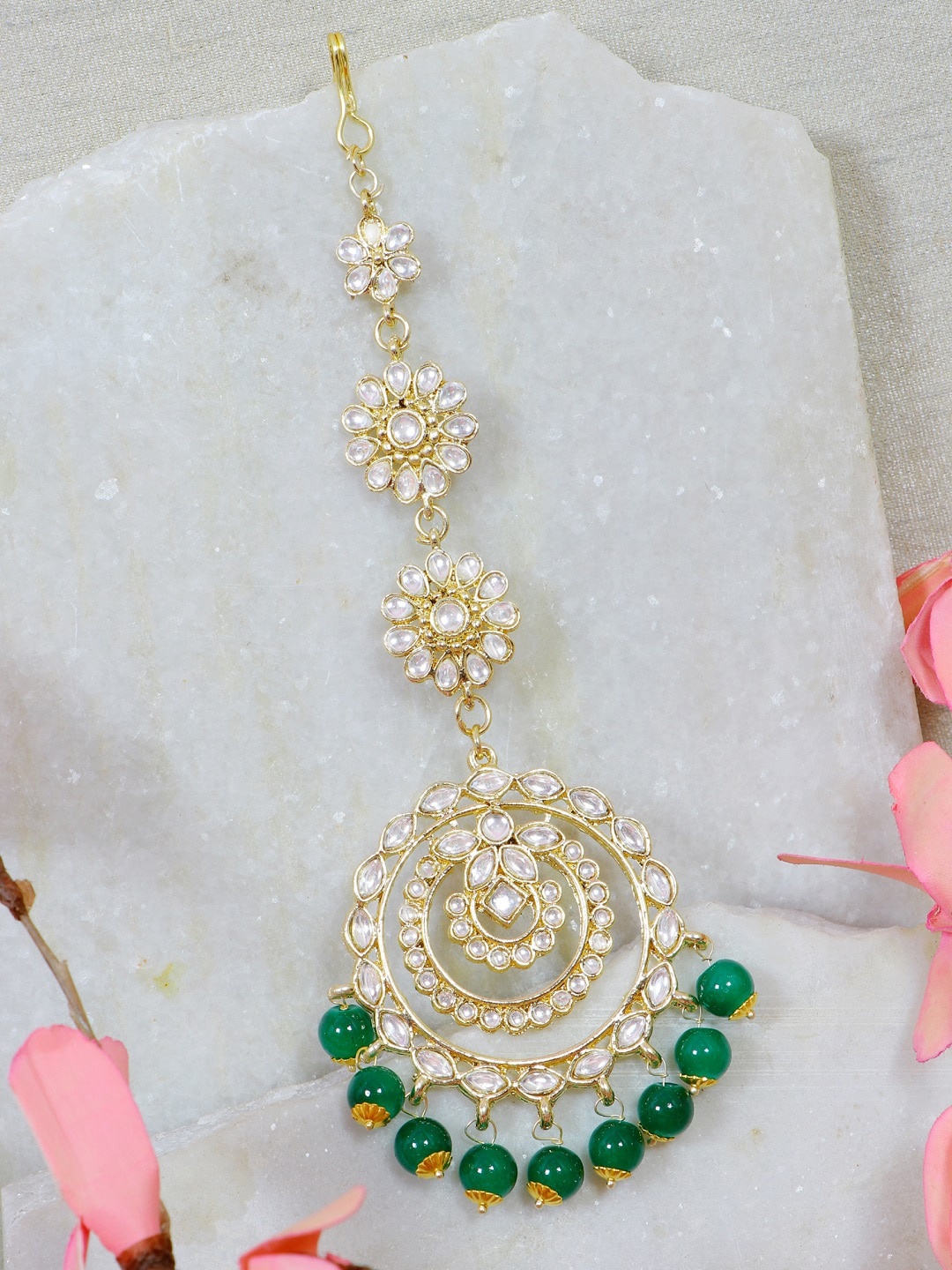 Crunchy Fashion Gold-Plated White & Green Kundan Studded & Beaded Enamelled Maang Tikka
Crunchy Fashion Gold-Plated White & Green Kundan Studded & Beaded Enamelled Maang Tikka