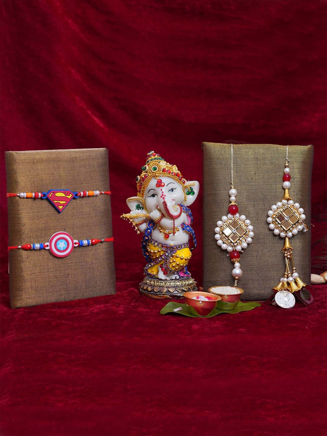 TIED RIBBONS Set of 4 Rakhi for Bhaiya Bhabhi & Kids With Ganesha Idol Gift Set, Red
TIED RIBBONS Set of 4 Rakhi for Bhaiya Bhabhi & Kids With Ganesha Idol Gift Set, Red