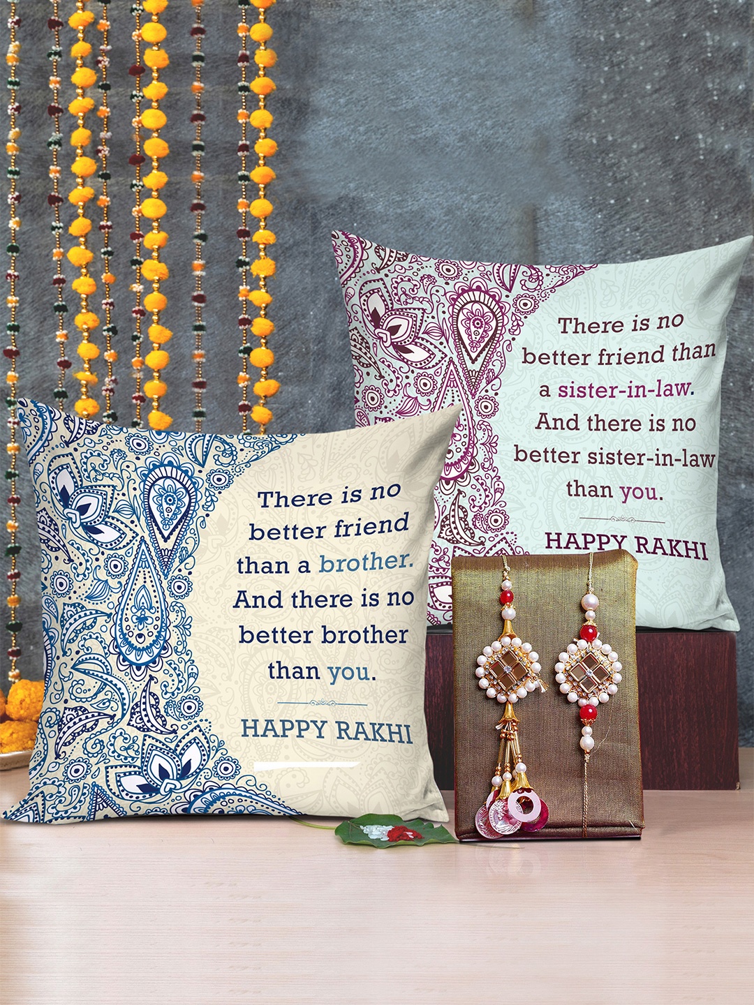 TIED RIBBONS Set of 2 Bhaiya Bhabhi Rakhi with Printed Cushion Combo Gift Set, Multi
TIED RIBBONS Set of 2 Bhaiya Bhabhi Rakhi with Printed Cushion Combo Gift Set, Multi