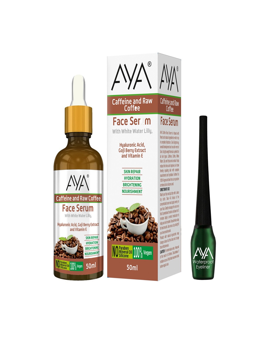 AYA Caffeine & Raw Coffee Face Serum 50ml with Waterproof Liquid Eyeliner 5ml - Green, White
AYA Caffeine & Raw Coffee Face Serum 50ml with Waterproof Liquid Eyeliner 5ml - Green, White