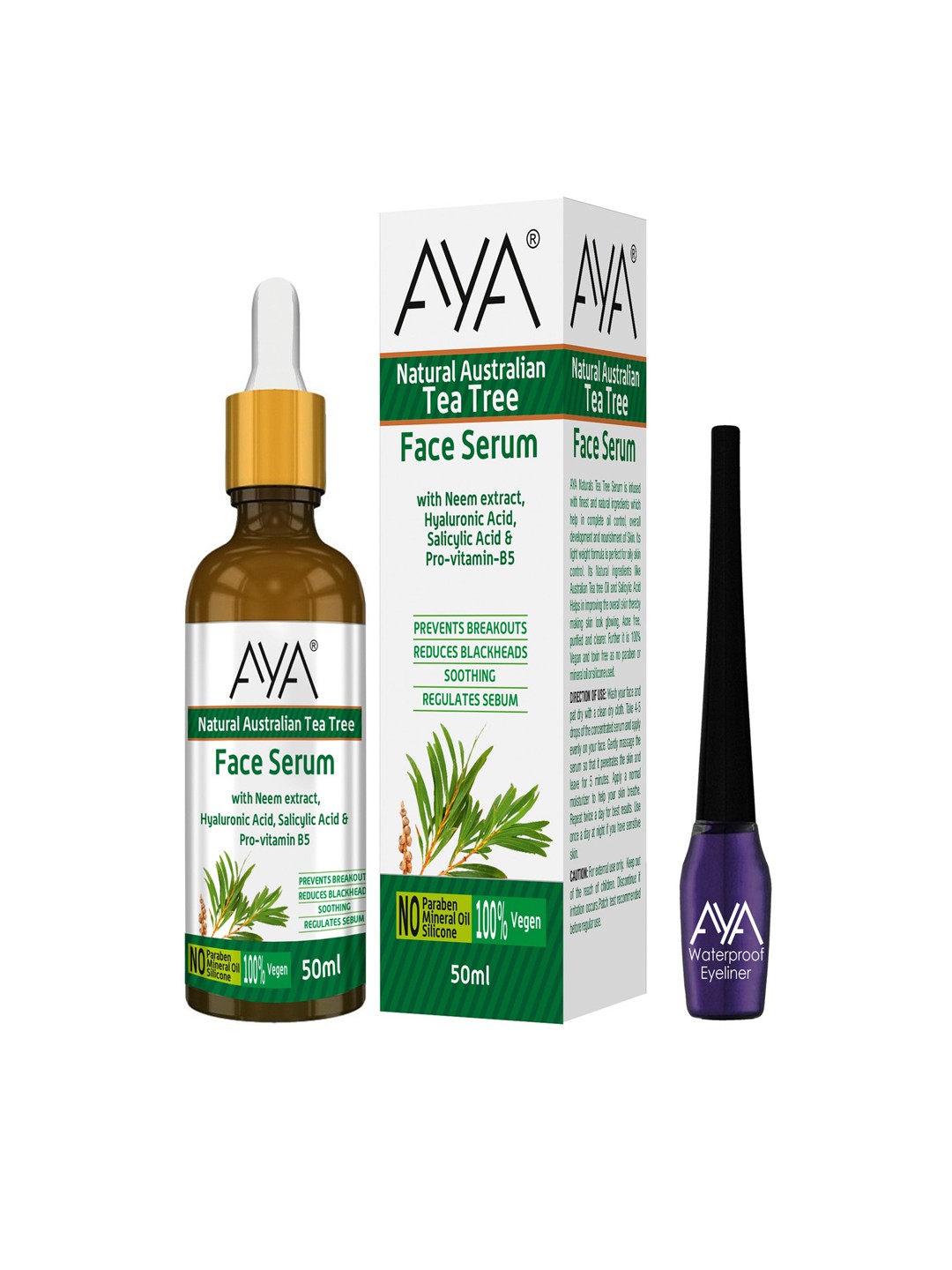 AYA Set Of Australian Tea Tree Face Serum 50 ml & Waterproof Eyeliner - Purple 5 ml, White
AYA Set Of Australian Tea Tree Face Serum 50 ml & Waterproof Eyeliner - Purple 5 ml, White