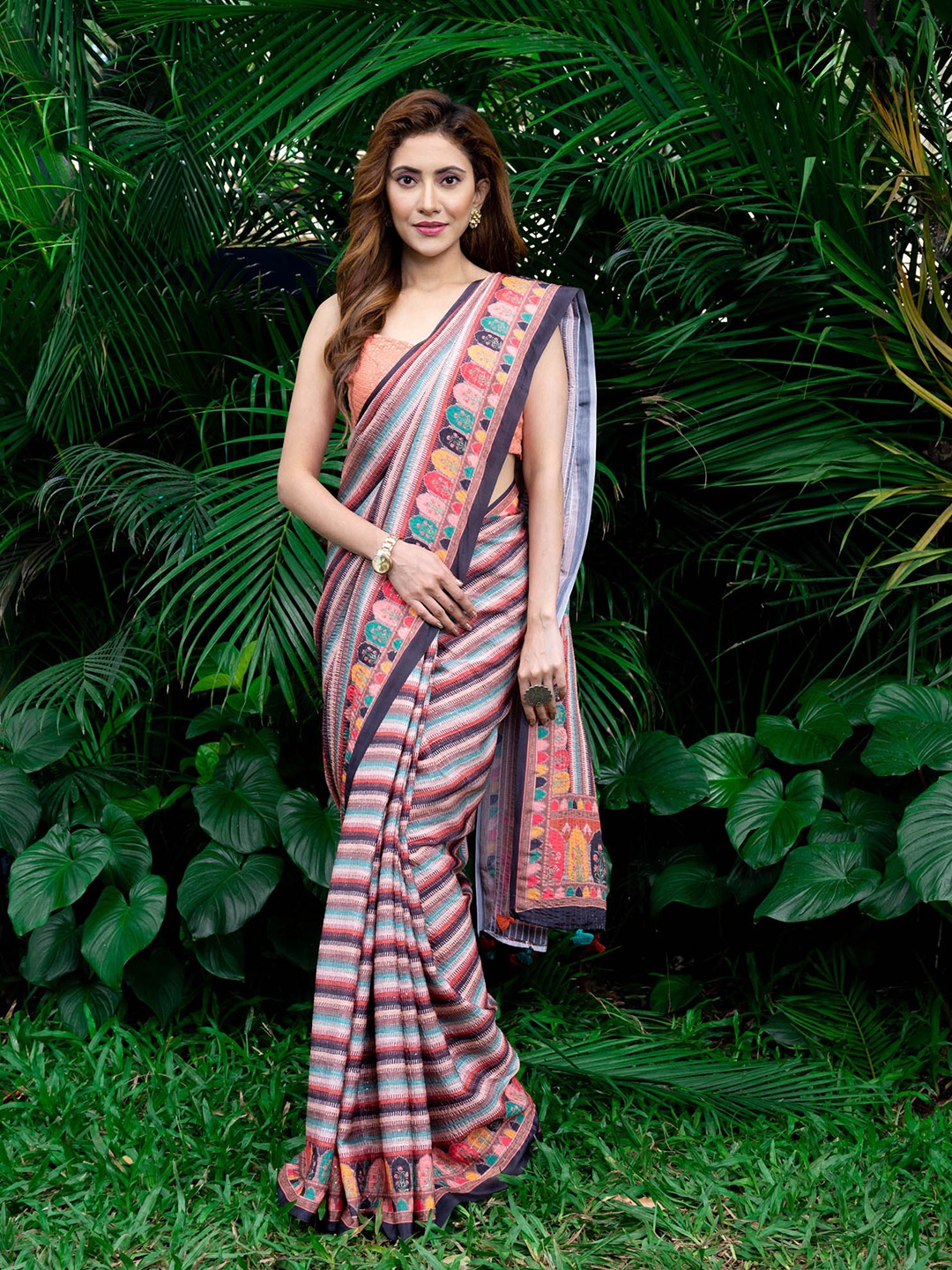 BEATITUDE Pink & Blue Striped Silk Blend Saree