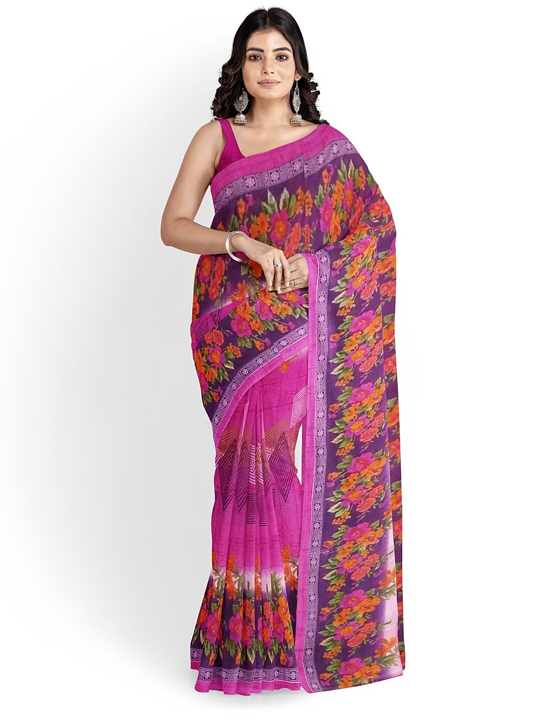 SAADHVI Pink & Orange Floral Georgette Fusion Dharmavaram Saree With Unstithed Blouse
SAADHVI Pink & Orange Floral Georgette Fusion Dharmavaram Saree With Unstithed Blouse