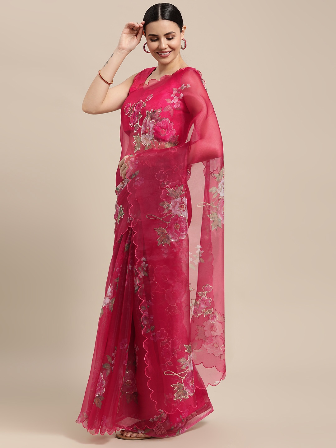 VASTRANAND Burgundy & Green Floral Sequinned Organza Aari Work Saree