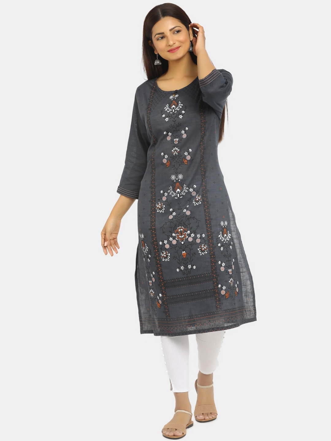 Karigari Women Grey Floral Embroidered Mirror Work Kurta