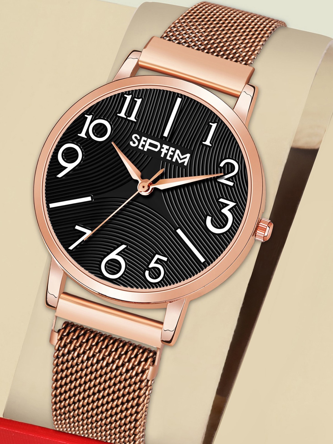 Septem Women Black Dial & Rose Gold Toned Bracelet Style Straps Analogue Watch-SP-149
Septem Women Black Dial & Rose Gold Toned Bracelet Style Straps Analogue Watch-SP-149