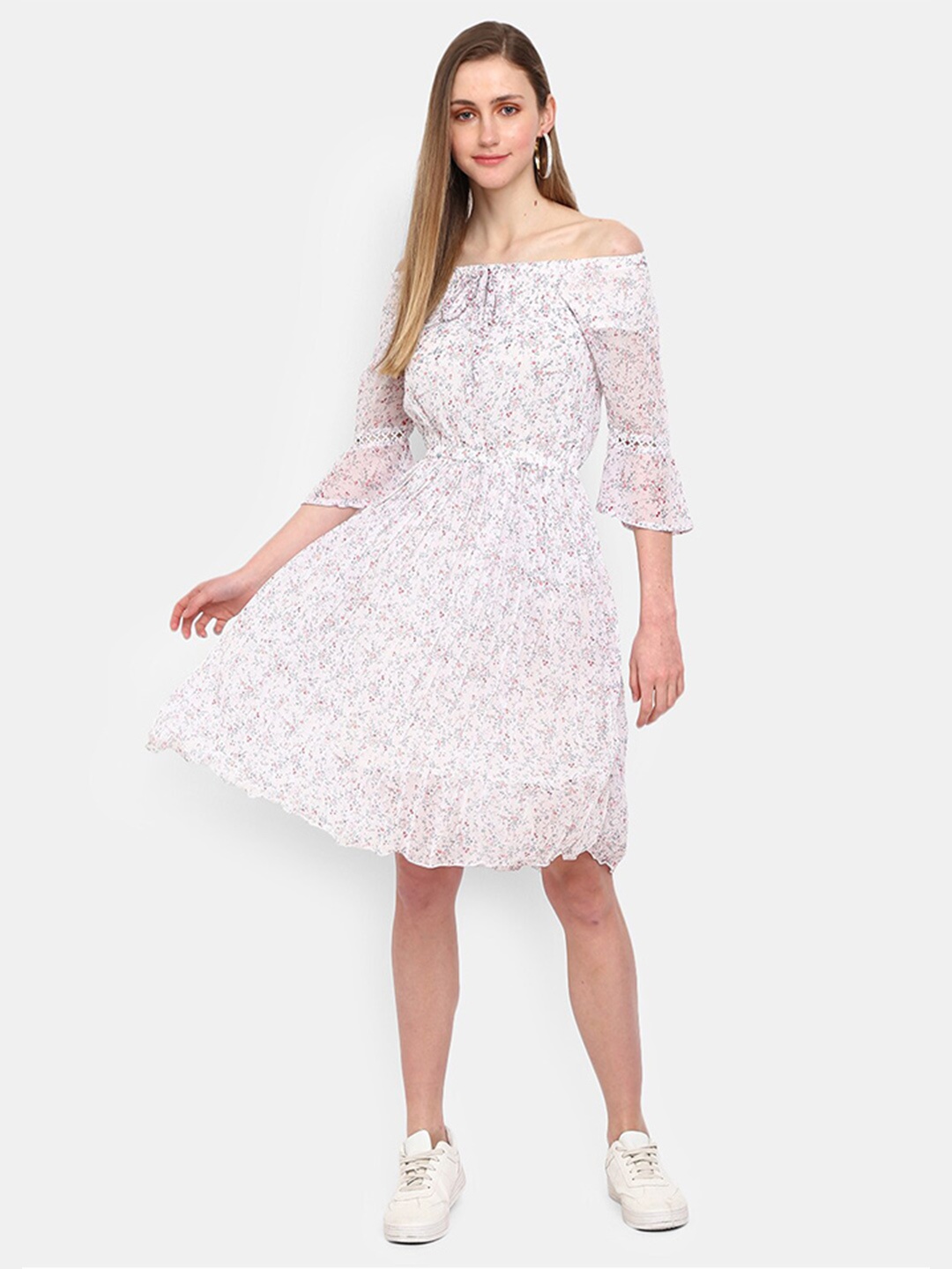 V-Mart White Floral Off-Shoulder Dress