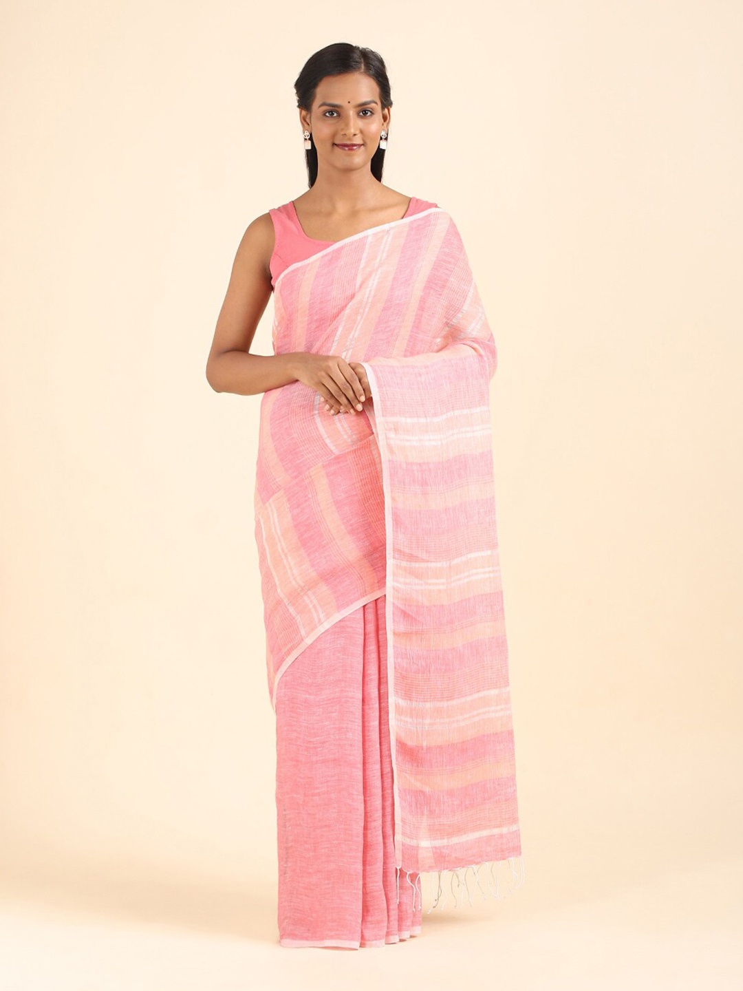 Taneira Pink Striped Pure Linen Saree